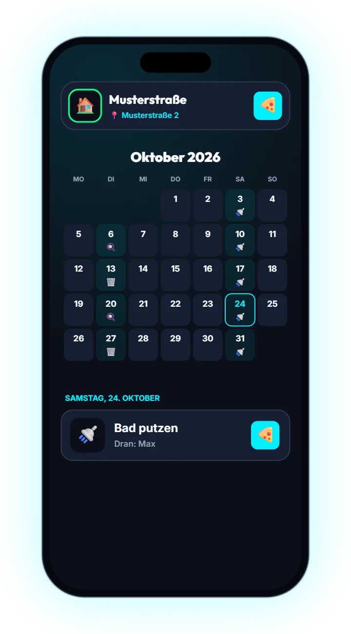 Putz-Kalender in der App: wer an welchem Tag dran ist