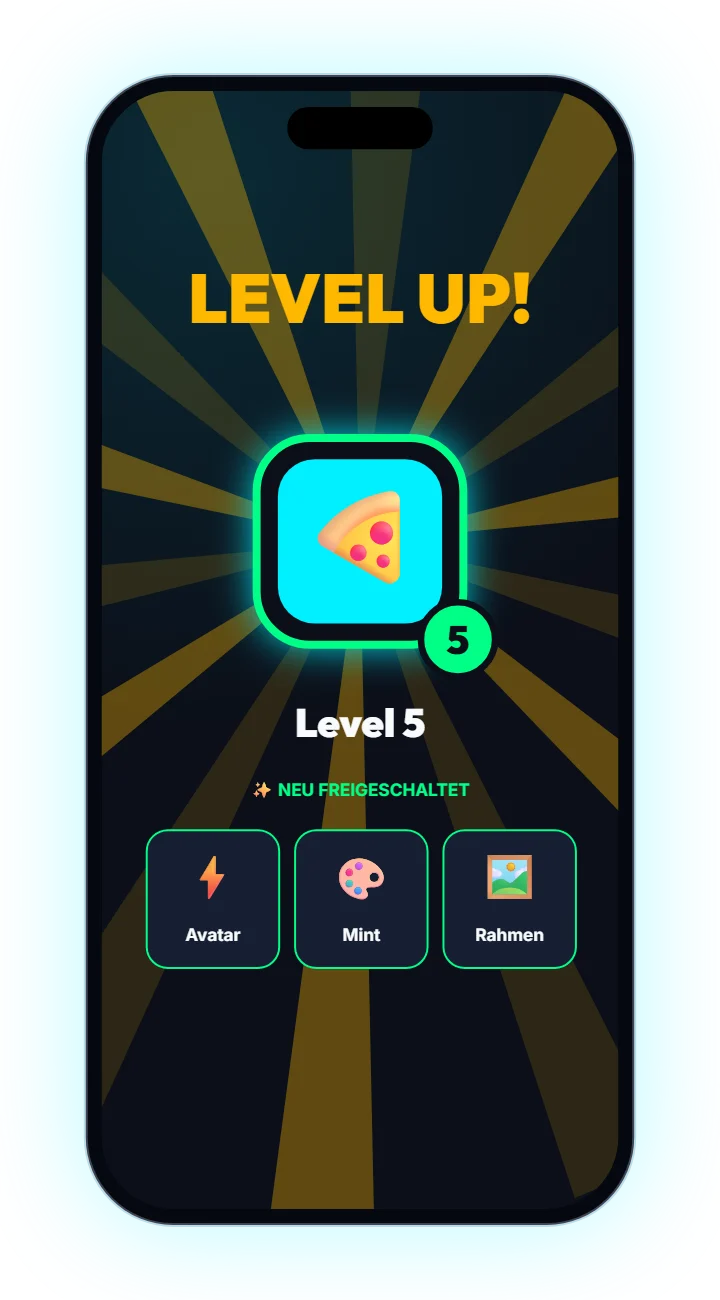 Level-up in der App mit neu freigeschalteten Sachen
